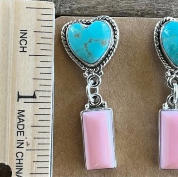 Native American Sterling Silver Turquoise Pink Conch Heart Dangle Slab Earrings - Picture 6 of 6